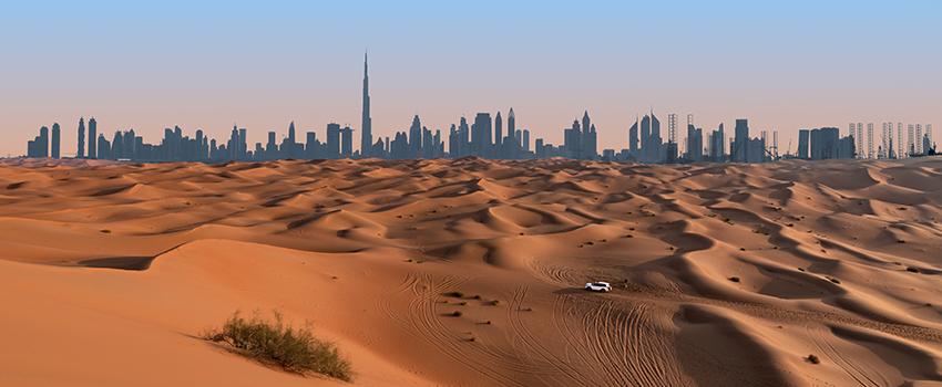 Desert with city scene in the background.